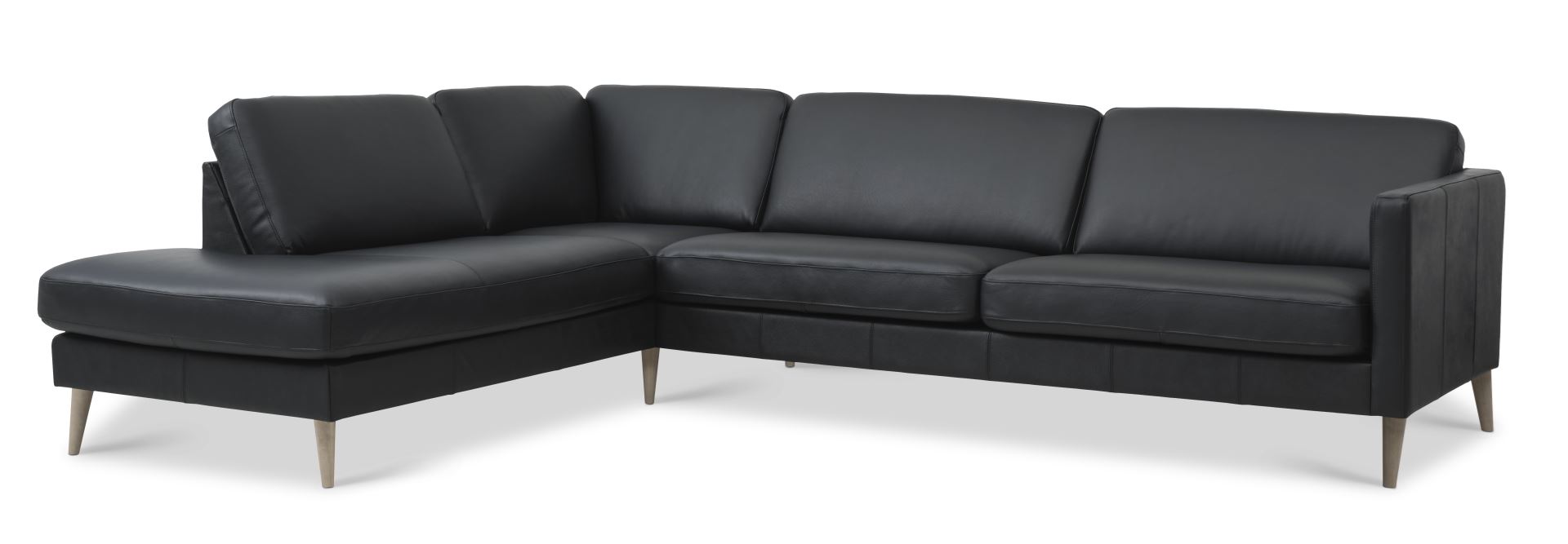 Ask Sæt 60 Stor   Sofa     Venstre Chaiselong Sort Semianilin Læder   Natur Træ