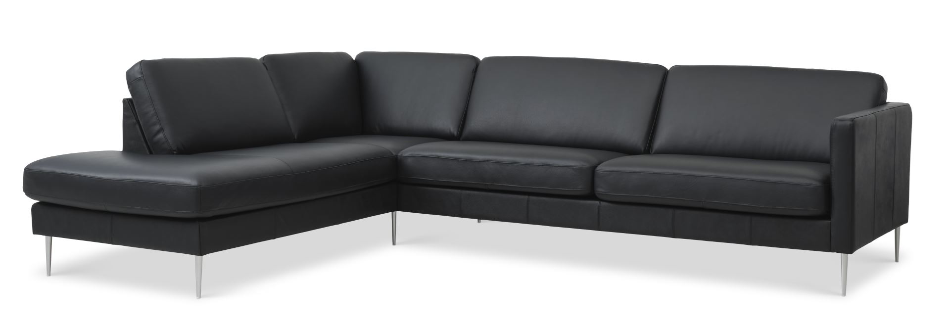 Ask Sæt 60 Stor   Sofa     Venstre Chaiselong Sort Semianilin Læder   Børstet Aluminium