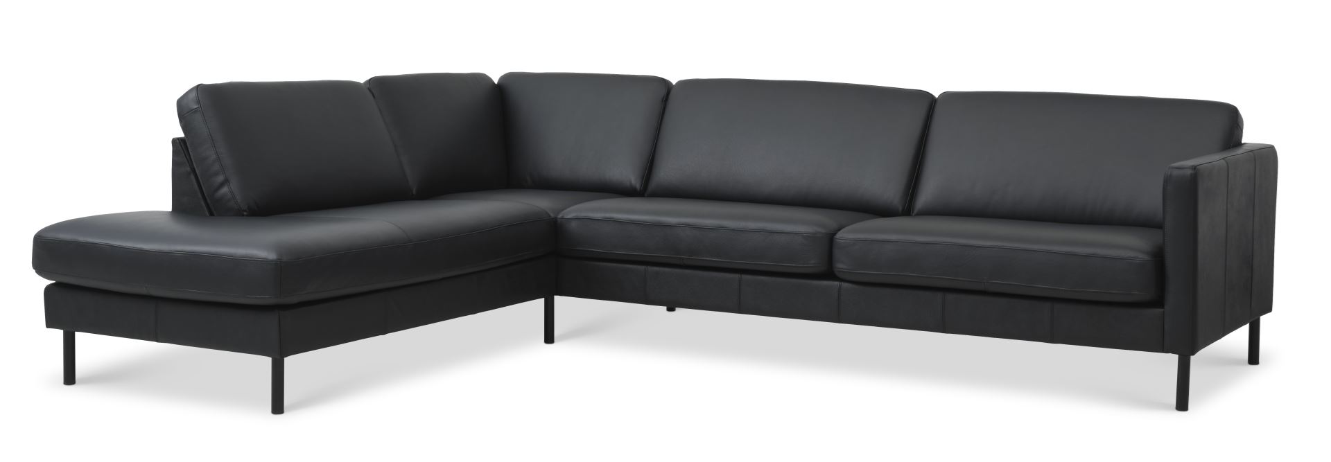 Ask Sæt 60 Stor   Sofa     Venstre Chaiselong Sort Semianilin Læder   Sort Metal
