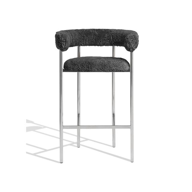 Møbel Copenhagen Font Barstol Med Armlæn 65   Sheepskin Grå Poleret Stål Stel