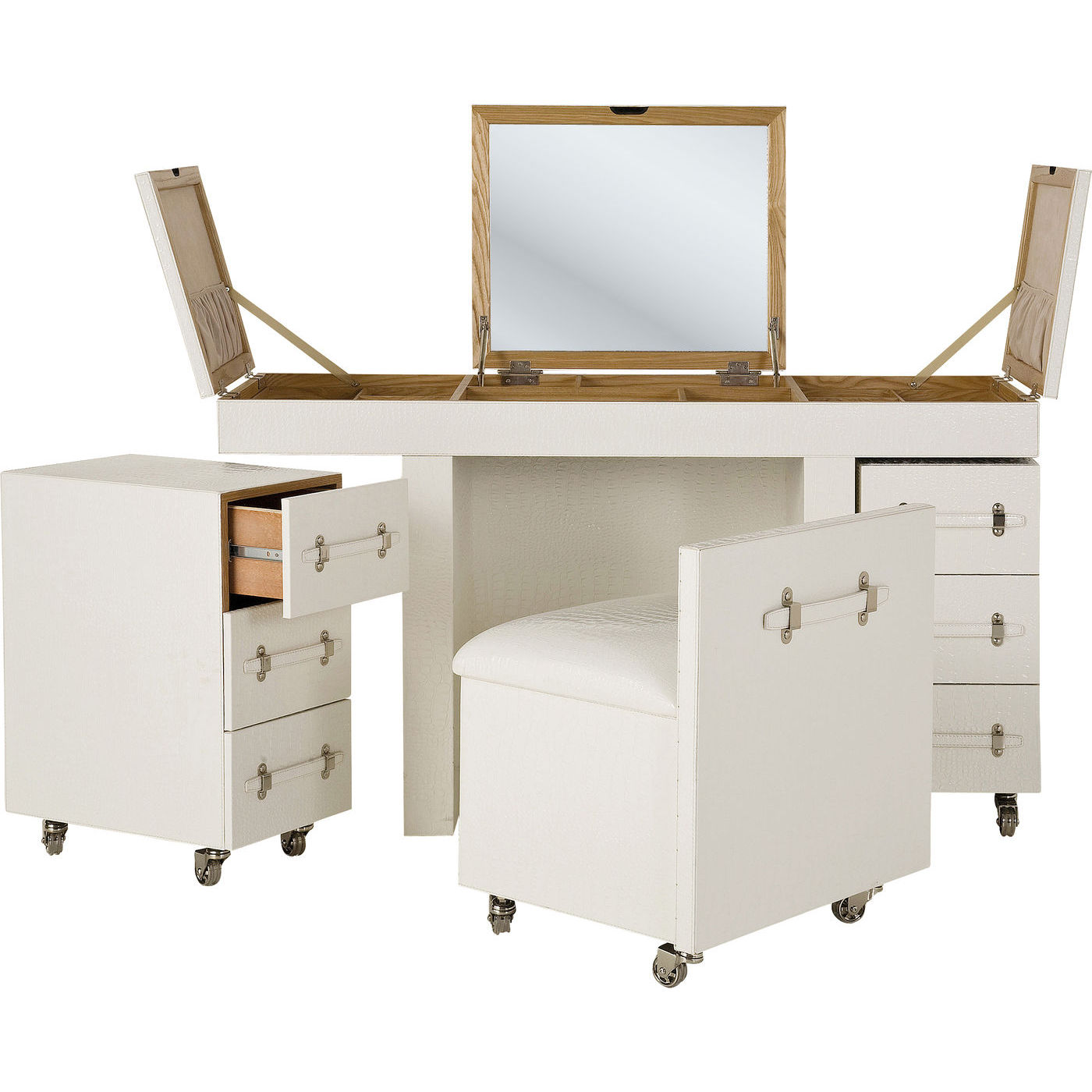 Kare Design Diva Croco White Makeup Bord Hvid Læderlook     Stol    Skuffer  Spejl    10 Rum